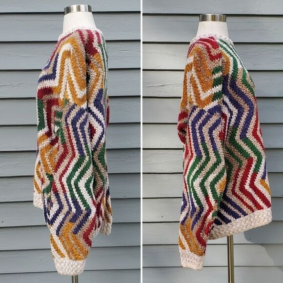 Vintage 90s y2k Biggie Cosby Zig Zag Multicolor Cotton Knit Pullover Sweater - Picture 2 of 5